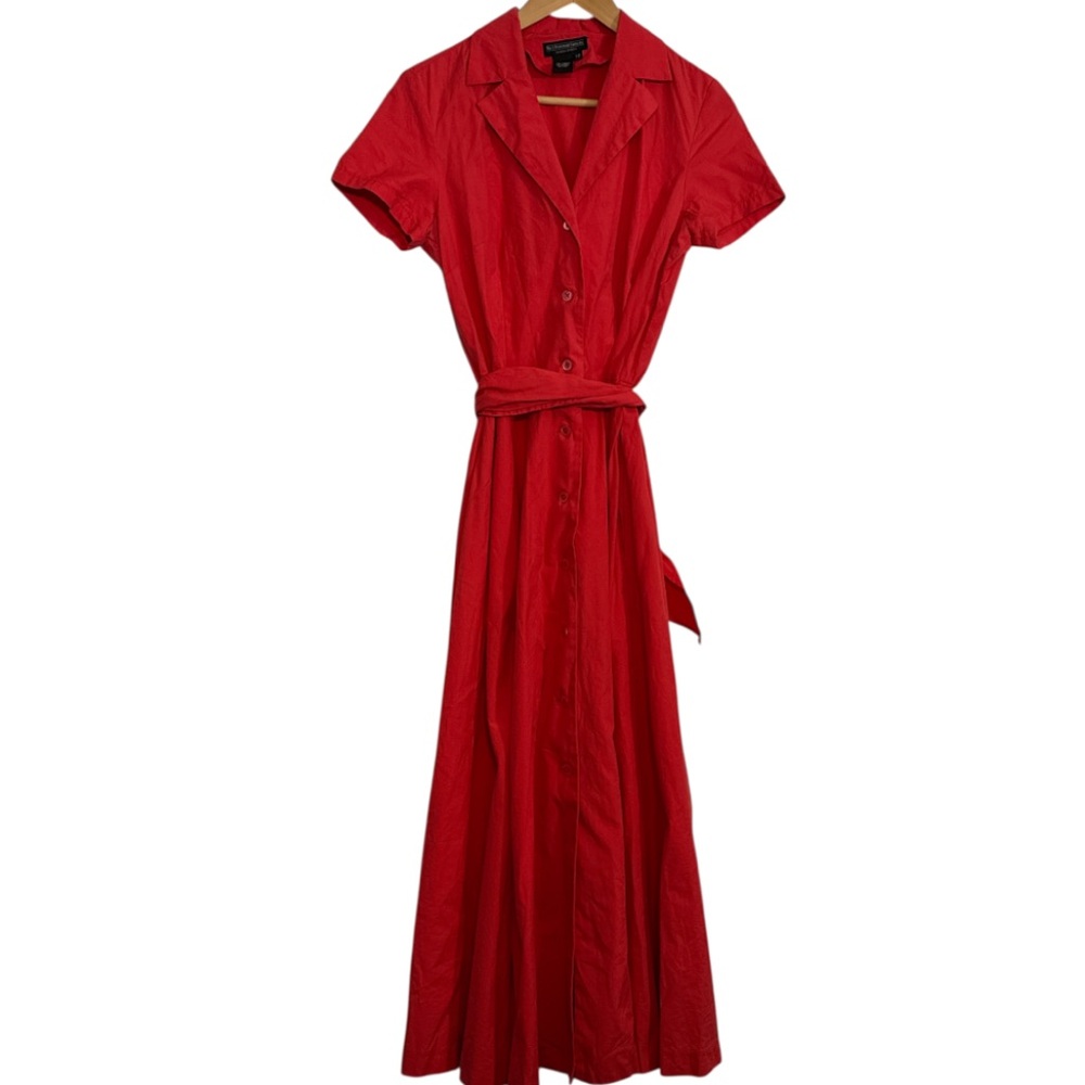 Vintage J. Peterman Company Belted Red Cotton Maxi Shirtwaist/Shirt Dress